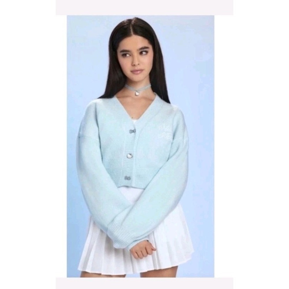 Hello Kitty Forever 21 Cardigan‎ M Blue Fuzzy Angel Cropped Kawaii Balletcore